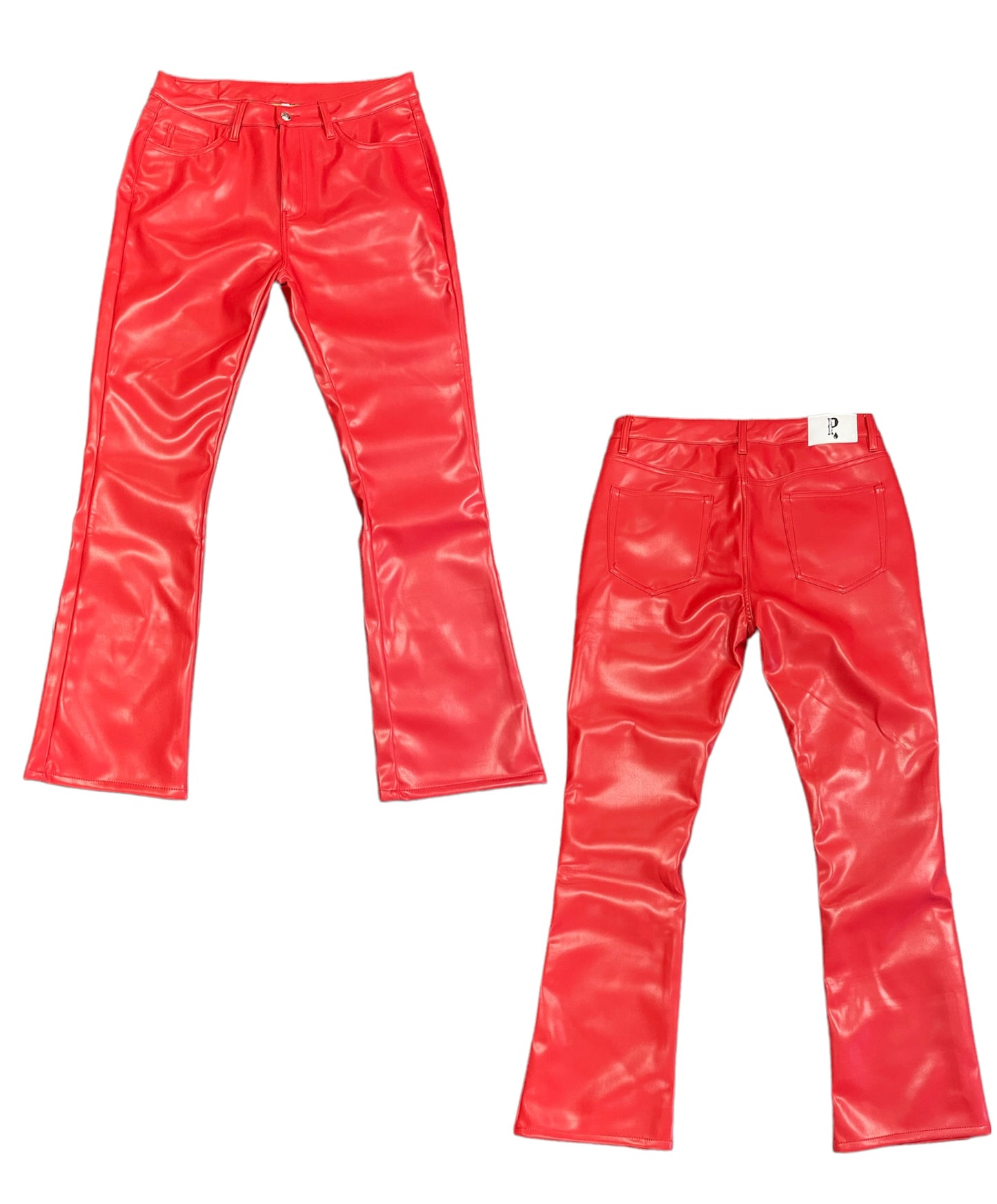 Red leather stacks pants